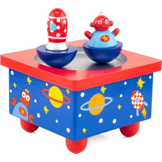 Toy with two characters on a red and blue platform featuring space-themed illustrations.
