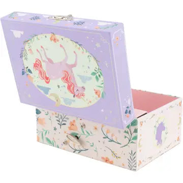 Unicorn-themed jewelry box with a pink interior on a white background