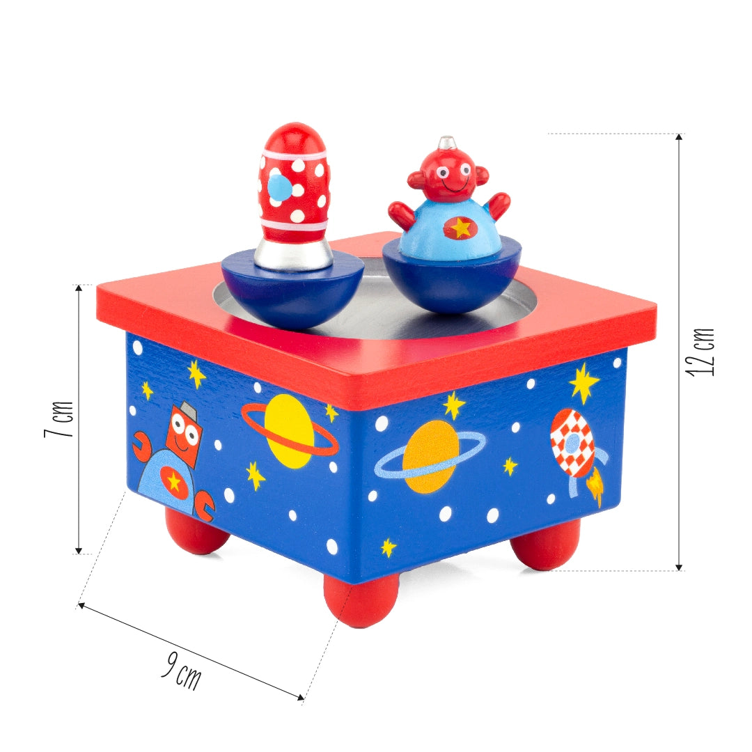 Children's toy set with a blue and red box featuring space-themed designs, including two small characters on top.