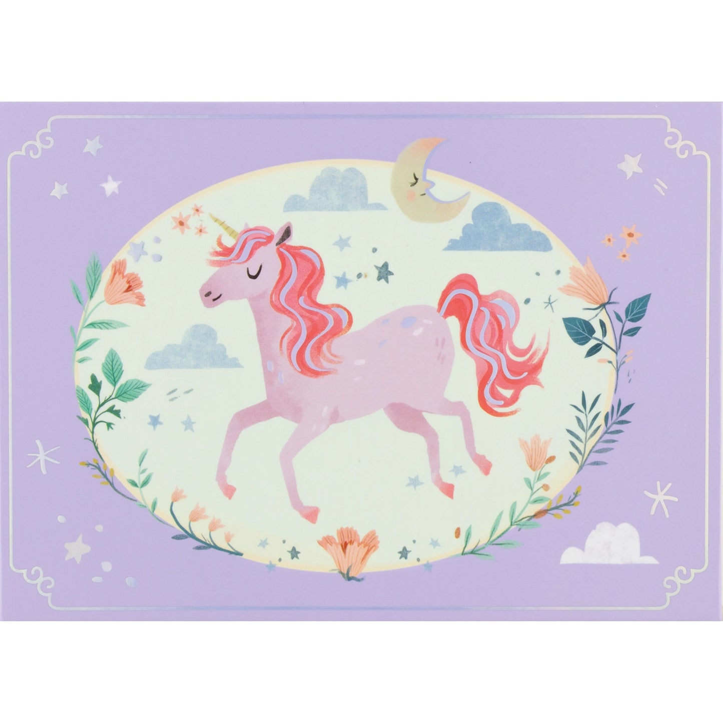 Unicorn design on a purple background with floral elements
