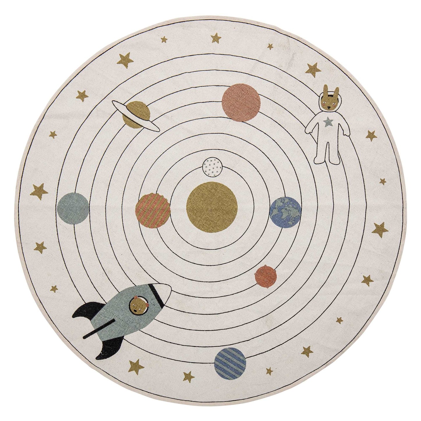 Rounded rug with space print - perfect for any kids room. Dimensions: D130cm Material: Cotton Spot Clean Only