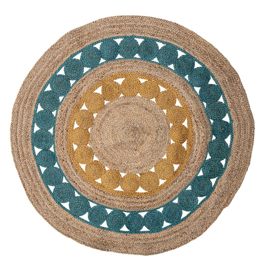 The round rug is made of 100% jute and incorporates multible fun colors- teal and dark yellow Dimensions: D119cm Material: 100% Jute