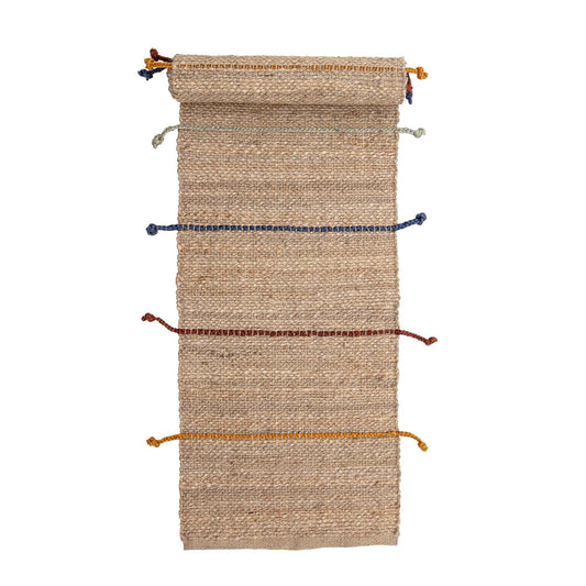 The rug has been woven in 100% jute with small pops of fun colors. Dimensions: L200 xW50 cm Material: 100% Jute