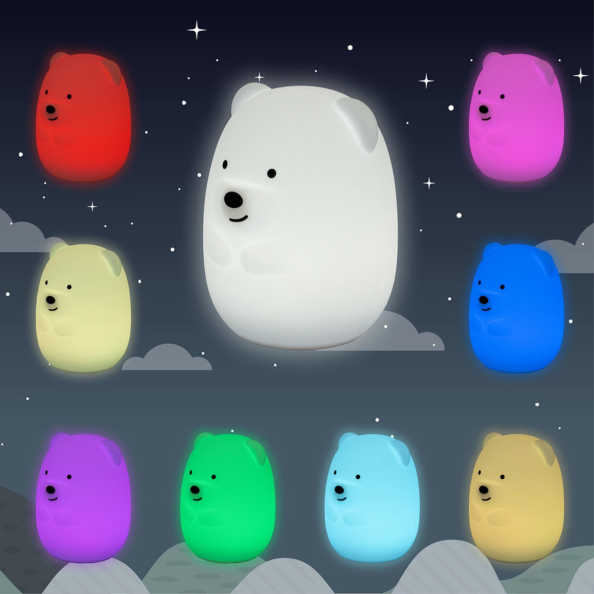 Colorful polar bears on a starry night sky background