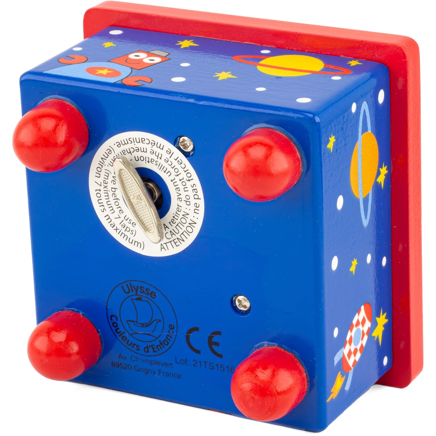 Toy box with space-themed design and red buttons on a white background