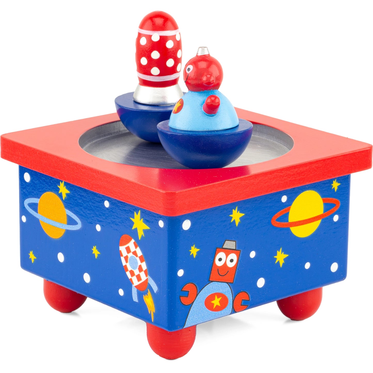 Toy set with two characters on a red and blue platform with space-themed design.