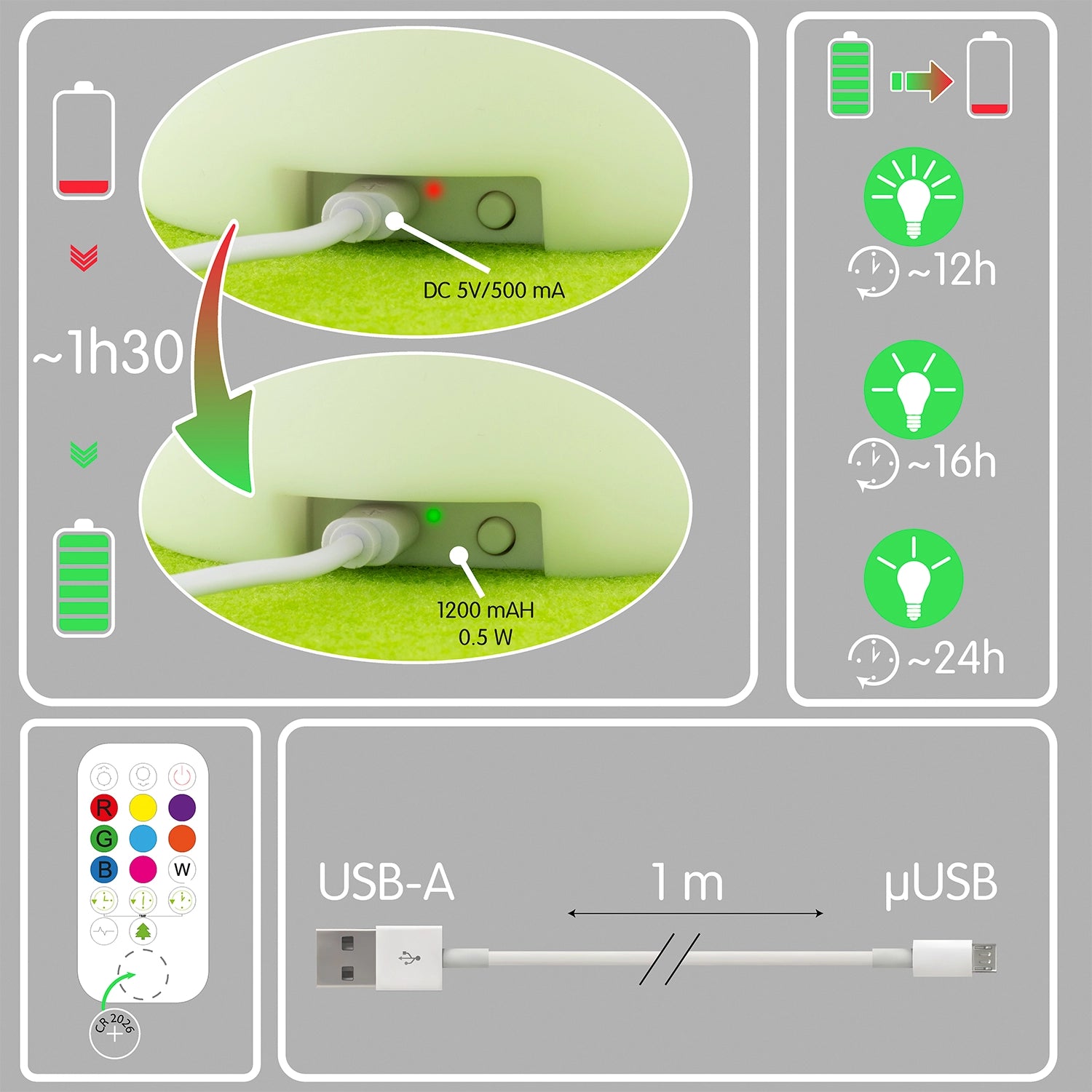Diagram of a green electronic device with charging details and USB connections on a gray background.