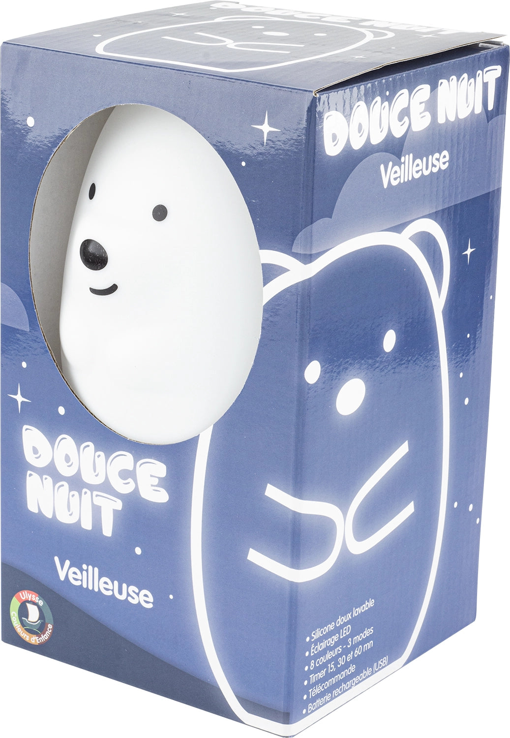 White bear-shaped night light in a blue packaging box with 'Douce Nuit' branding.