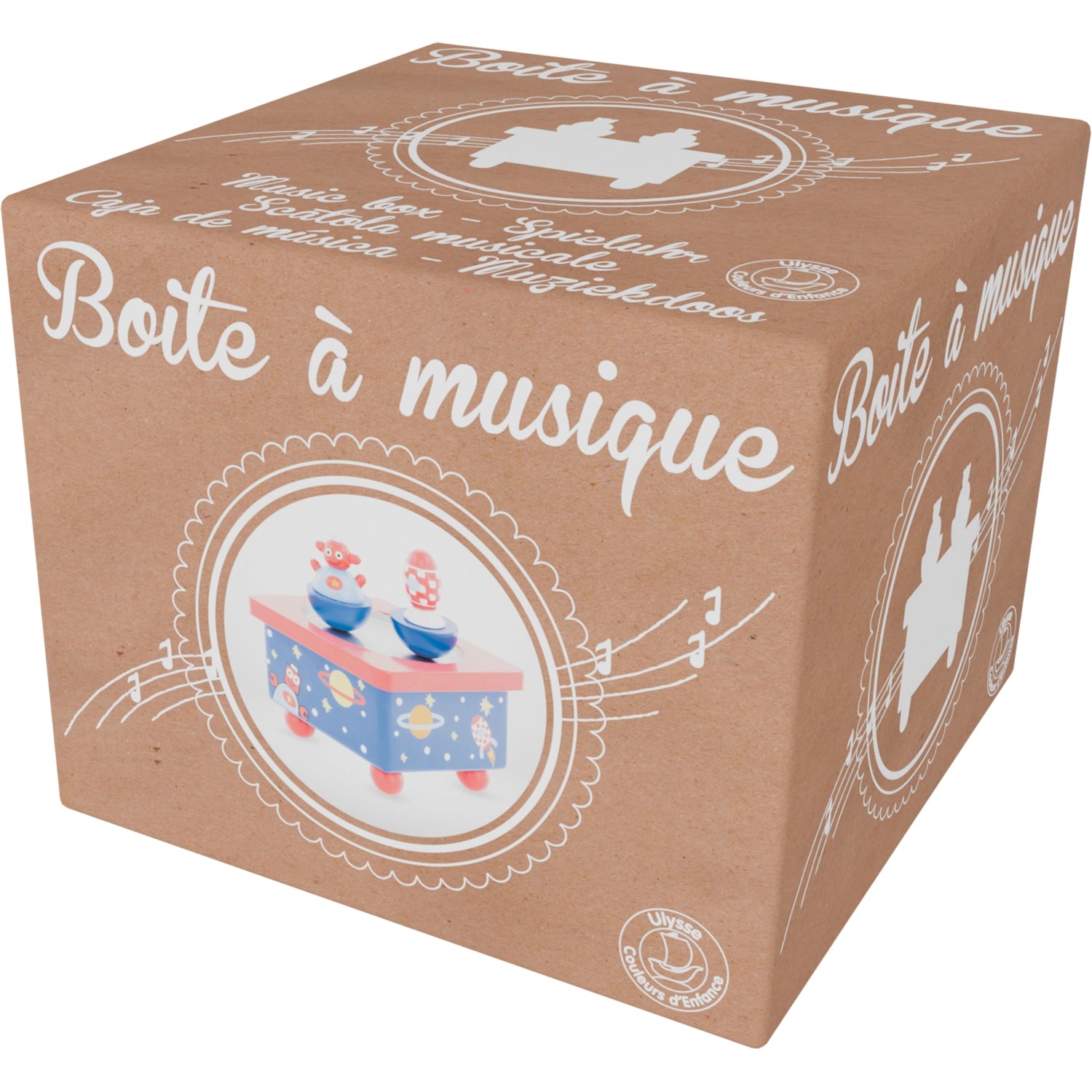 Cardboard box with musical design and text 'Boite à musique' on a white background