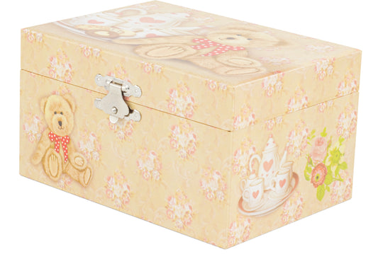Decorative jewelry box with teddy bear and floral patterns on a white background