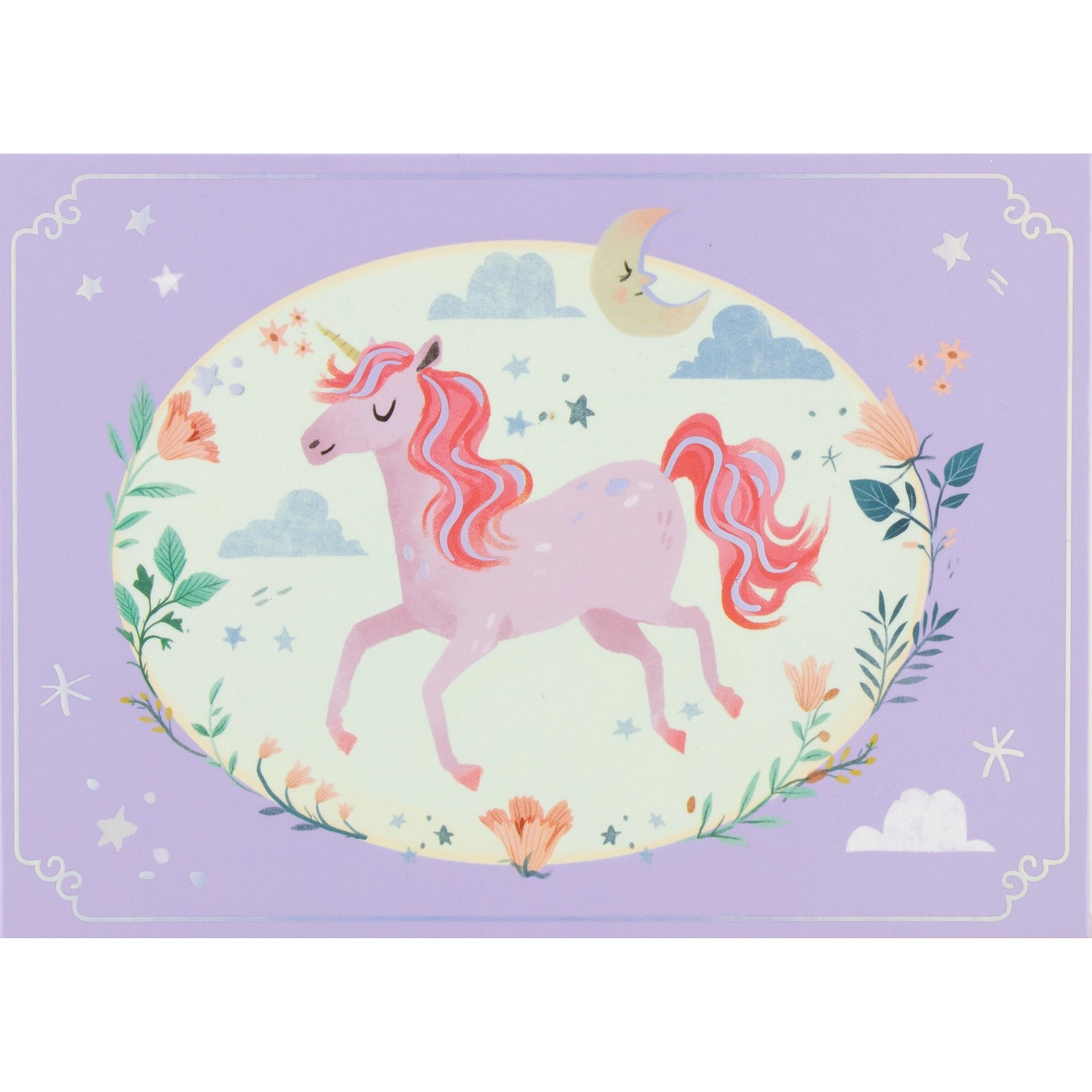 Unicorn design on a purple background with floral elements
