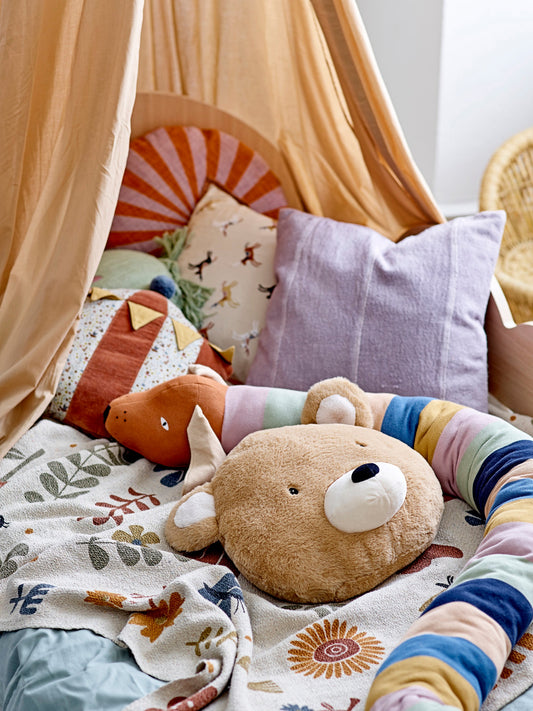 Stuffed Brown Bear Pillow, Harris is the sweetest teddy cushion you'll find. His friendly litte face with the snuggly ears is sure to make him a favourite both for cuddles and for play.  Dimensions: L40,5xH33xW20 cm  100% Polyester, Filling: 100% Polyester  Recommended age: +0 M
