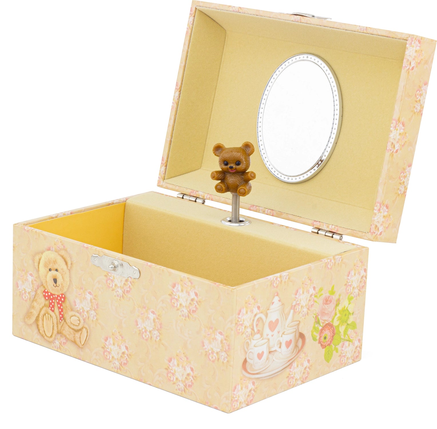 Decorative music box with teddy bear and floral design on a white background
