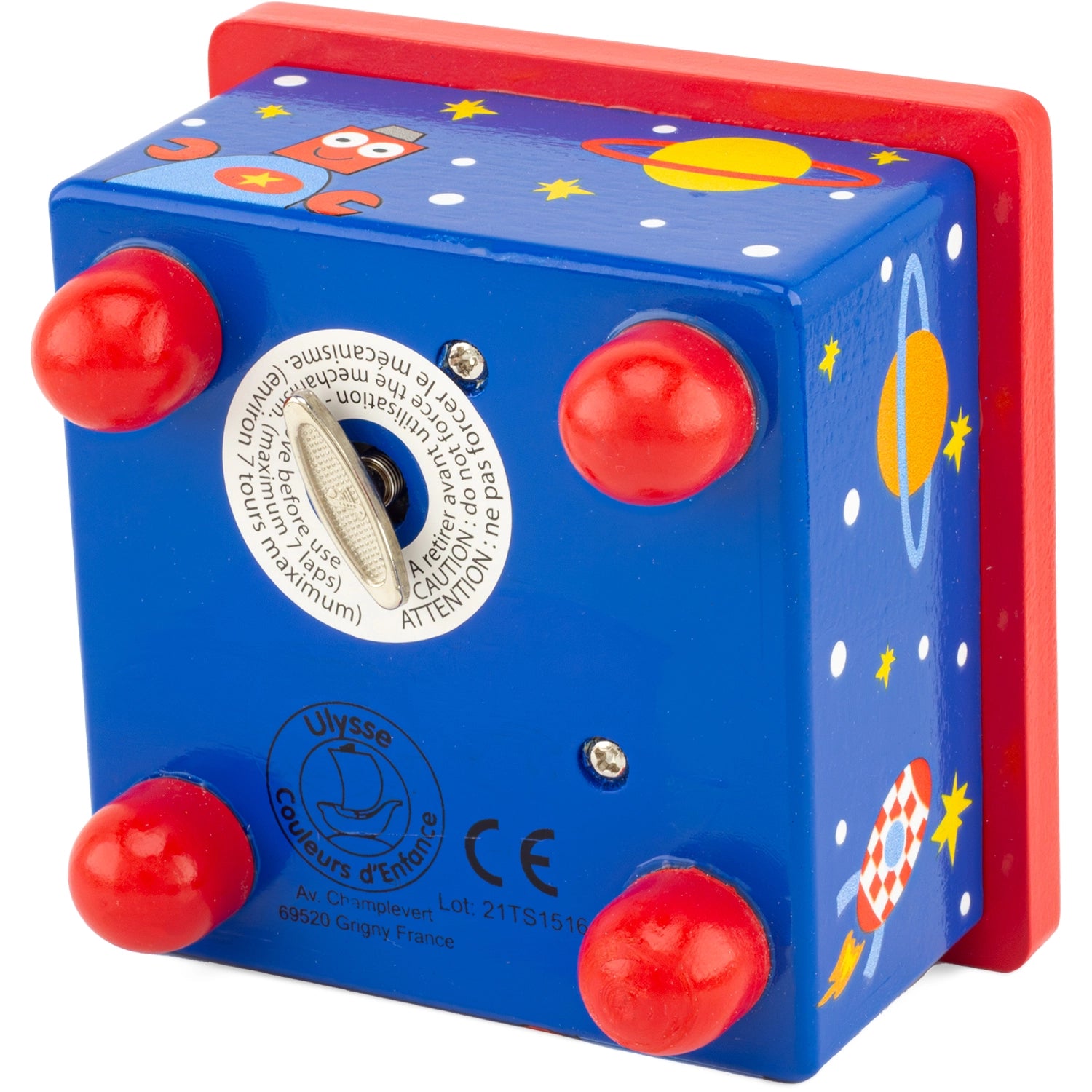 Toy box with space-themed design and red buttons on a white background
