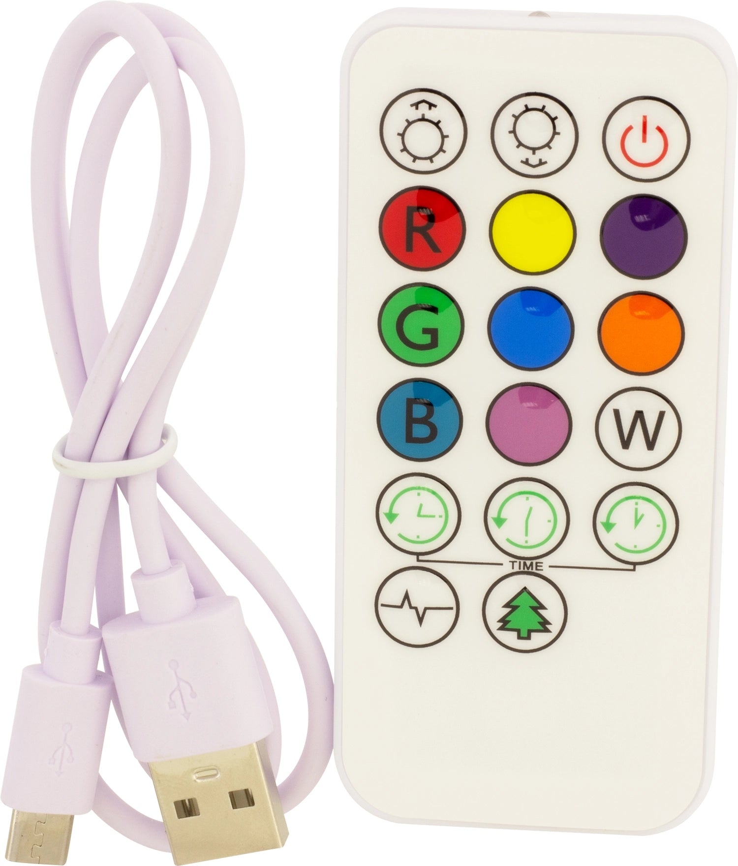 Remote control with LED color buttons and USB cable on a white background